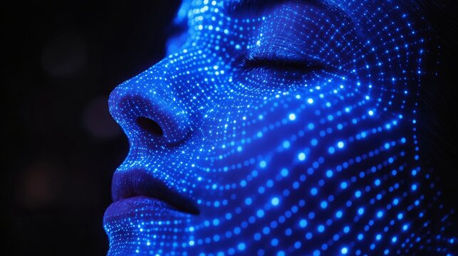 A glowing face with intricate blue patterns radiates a captivating aura