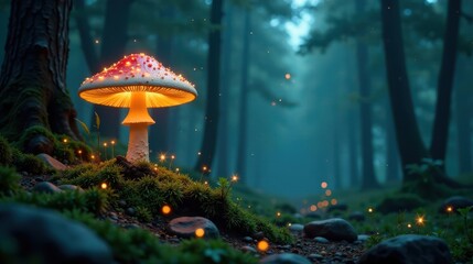 Fototapeta premium Enchanted Forest Luminescent Fungus Glowing Amidst Moss and Stones at Dusk