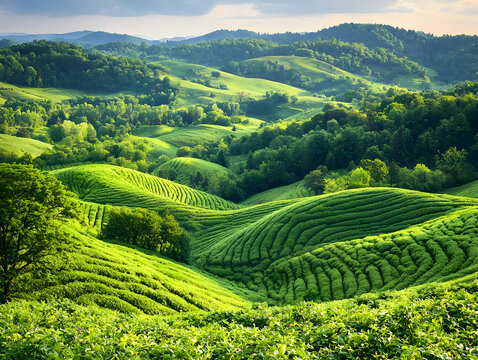 Lush green tea plantation hills, scenic landscape, sunlight, idyllic countryside