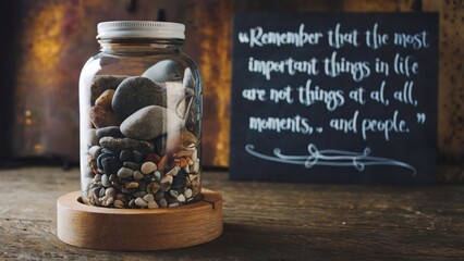 A jar filled with large rocks and small pebbles
