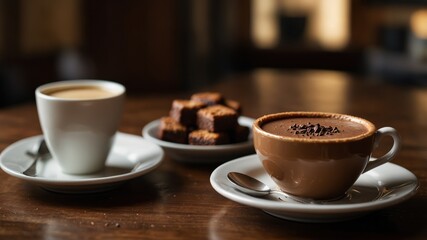 Obraz premium Delicious Treats: Coffee, Hot Chocolate, and Brownies Ready to Enjoy on a Wood Table Surface