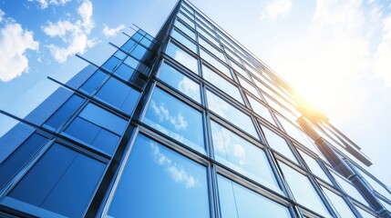 Obraz premium Modern Glass Building Reflecting Sky And Clouds