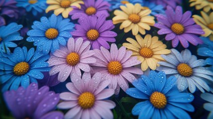 Fototapeta premium Colorful daisies with water drops on their petals, vibrant colors of blue, purple, and yellow flowers.
