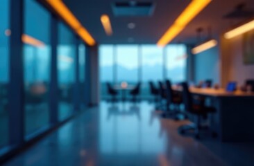 Fototapeta premium abstract blur contemporary office interior blue background with orange light filter effect 