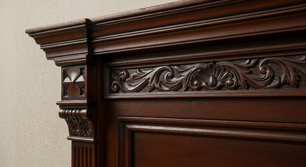 Detailed wooden furniture showcases intricate carving and dark finish