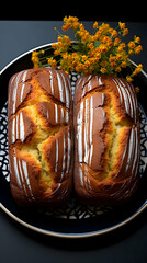 Delicious marble cakes with decorative flowers in artistic arrangement