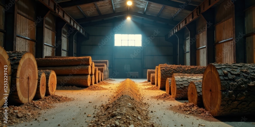 Aufkleber Wooden Logs Stacked Inside a Rustic Warehouse Building with a Single Light Source Highlighting the Scene