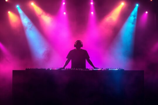 A silhouette of a DJ wearing headphones stands behind a mixing console on stage, surrounded by vibrant pink, blue, and orange spotlights, creating an energetic nightclub atmosphere.