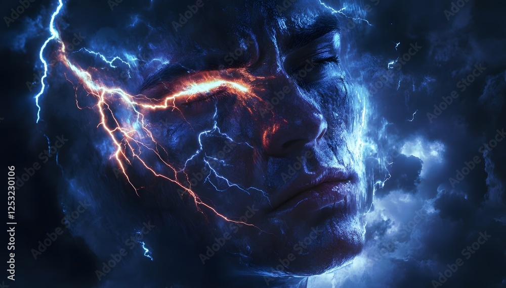 Poster dramatic portrait of person with lightning striking in background