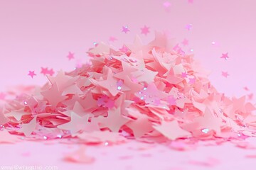 Fototapeta premium In a flat lay composition, scattered pink holographic glitter star-shaped confetti on a pink background is set against a festive holiday pastel backdrop, appropriate for birthdays, congratulations,