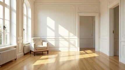 Sunlit Elegant Room Interior Design with Classic Architectural Details and Upholstered Chair