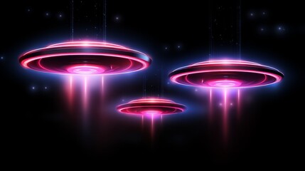 Neon outlines of tilted and spinning flying saucers for a futuristic and subtle aesthetic