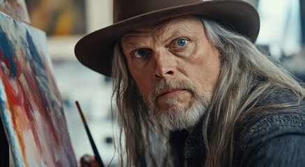 A ruggedly handsome actor is deeply engaged in painting, with a palette of vivid colors around him, in a sunlit artist's studio