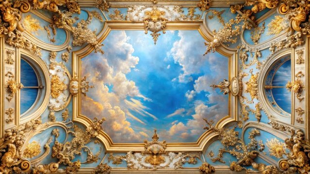 Intricate Heavenly ceiling mural with a blue sky and ornate Baroque frame adorned with gold leaf details, sky, painting