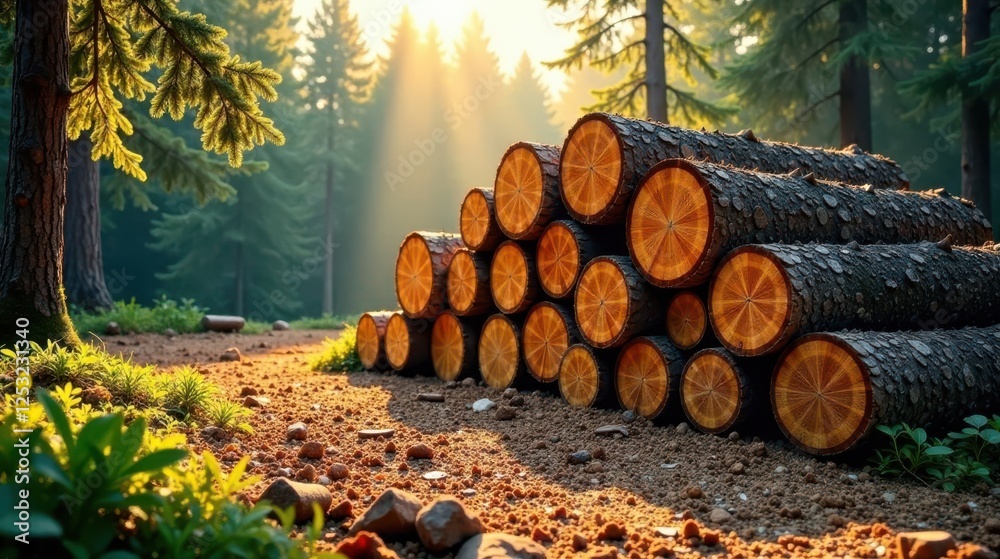 Poster Sunlit Stack of Timber Logs in a Lush Forest Setting