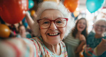 An elderly woman with white hair is joyfully taking a selfie at a vibrant party surrounded by colorful balloons and smiling people