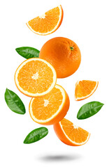 flying orange fruits with slices and green leaves isolated on white background. clipping path