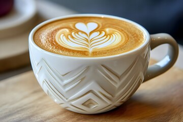 A stylish coffee cup with subtle geometric patterns, filled with a deep, aromatic brew and crowned by a fine, velvety foam in crisp detail.