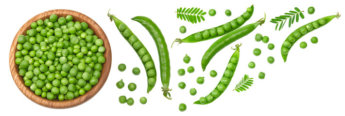 Fresh green pea pods with green peas in wooden spoon isolated on white background. clipping path....