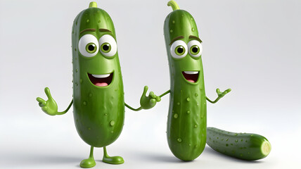 Happy cartoon cucumbers presenting, studio shot, white background, food mascot