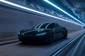 Fototapeta premium Futuristic Black Sports Car Speeding Through an Illuminated Tunnel
