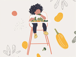 Flat illustration with doodle elements, baby eating vegetables while sitting in a high chair. Healthy eating and early introduction of solid foods. Advertising of organic products