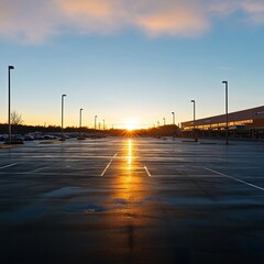 Sunrise over empty parking lot, retail buildings background