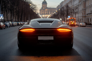 Naklejka premium Sleek sports car on a city street during twilight with historical architecture in the background