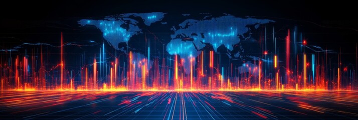 Global Network, Abstract Data Visualization, World Map, Flowing Lines, and Digital Connectivity