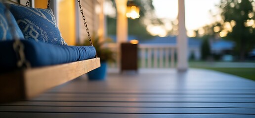 Serene twilight tranquility on the front porch swing with blue pillows