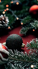 Obraz premium Dark Green and Red Christmas Ornaments with Pine Branches