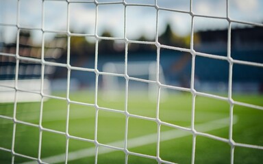 Close-up of Soccer goal net with blurred football field in background