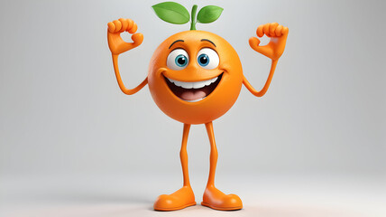 Happy orange cartoon character flexing, studio shot, white background, healthy food mascot