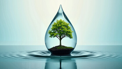 Fototapeta premium conceptual image of a tree inside a glass water drop reflecting nature and sustainability