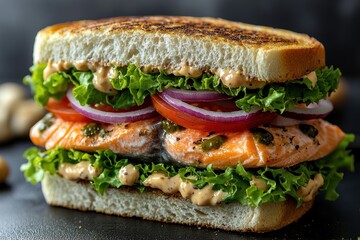 Grilled salmon sandwich with lettuce, tomato, onion on dark background