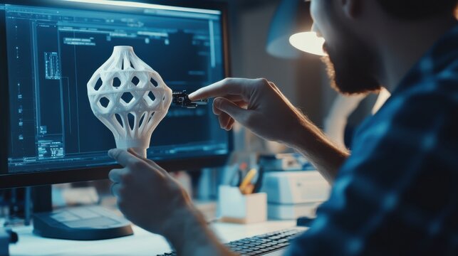 A focused industrial designer prototyping a new product using 3D printing technology in a design studio, Design studio scene, Innovative product design style