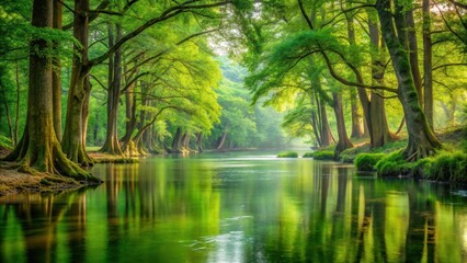 Fototapeta premium A majestic river flows through a lush forest, lined with ancient trees that stand sentinel over the water's edge, their leaves rustling softly in the breeze, tall trees, green woods