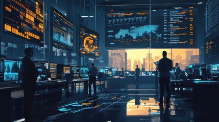The Global Network:  A futuristic control room pulsates with data, showcasing a team of cyber security specialists monitoring global networks. They navigate a complex and vital system.