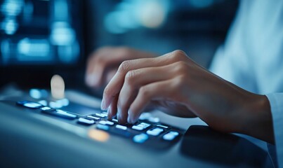 Closeup of hands typing on illuminated keyboard in dim blue lighting