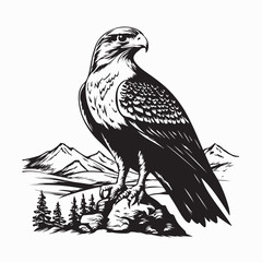 Majestic Eagle Perched on a Rock Overlooking a Breathtaking Mountain Valley Vector Illustration