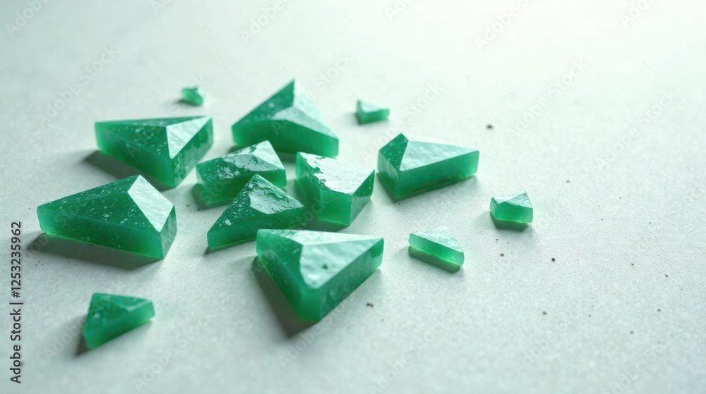 Poster Scattered Teal Triangular Gems on a Light Surface, Displaying a Unique Textured Appearance and Subtle Variations in Shade