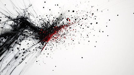 A striking abstract artwork featuring black ink streaks and red splashes bursting outward on a white background with high contrast
