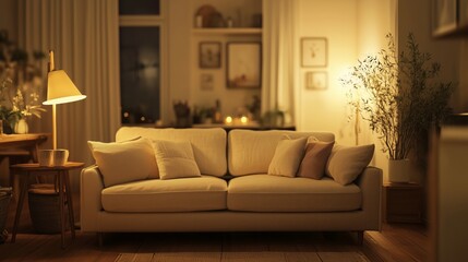 A cozy living room bathed in warm golden sunlight, featuring a minimalist beige sofa, soft pillows, wooden flooring, and a tranquil ambiance perfect for relaxation
