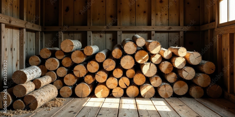 Poster a stack of wooden logs resting inside a rustic wooden structure, bathed in warm sunlight