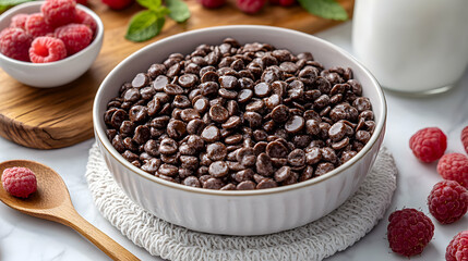 Indulgent start, Chocolate chips, fresh raspberries , morning milk allure