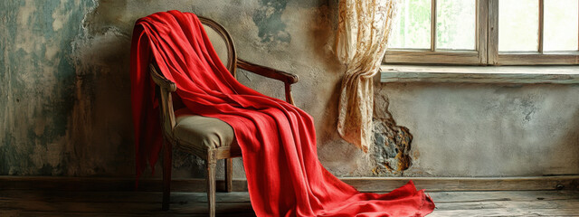 A vibrant red fabric draped over a rustic armchair by an aged window, creating a striking contrast against the weathered walls and soft natural light filtering through the lace curtains.