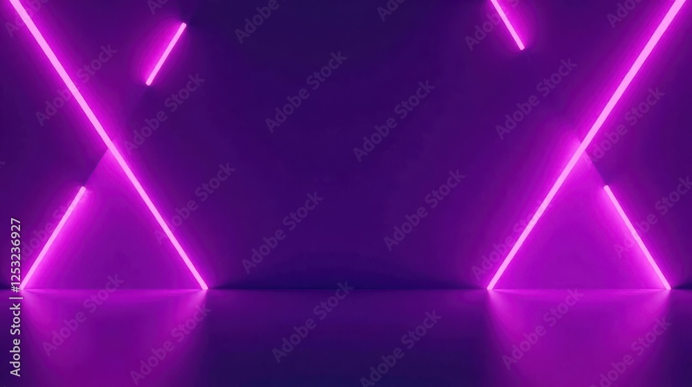Poster Abstract Purple Neon Light Triangles Illuminate a Dark Room, Creating a Striking Visual Display of Geometric Shapes and Vibrant Glowing Lines
