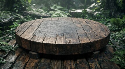 Fototapeta premium Dark Wooden Round Table in Lush Tropical Jungle Setting