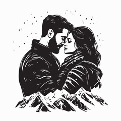 Romantic Pair Hugging in Warm Outfits Amidst a Cold and Scenic Mountain View Vector