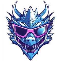Obraz premium Neon blue pink dragon Head, fire mode, Gaming Logo Design isolated at white background
